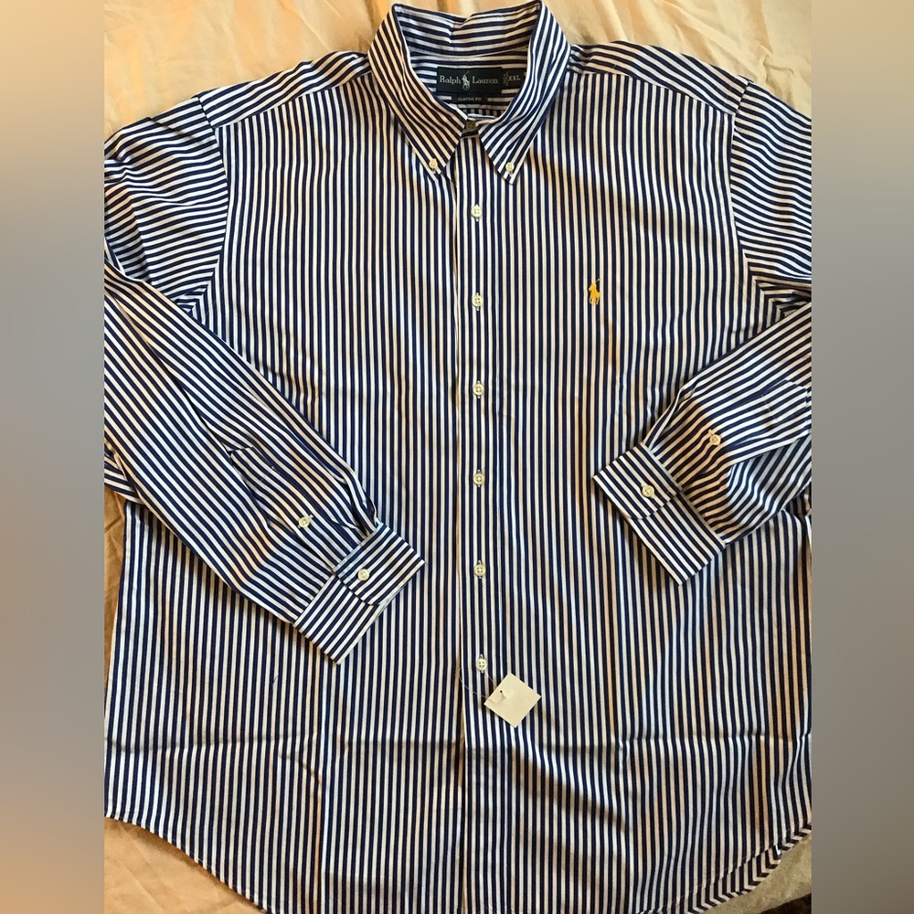 Ralph Lauren Navy and White Striped Button Down Yacht Club Shirt